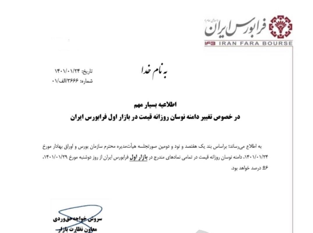 دامنه نوسان بورس ۶ درصد شد دامنه نوسان بورس ۶ درصد شد
