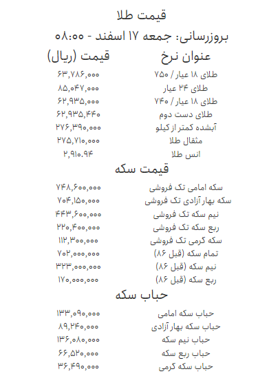 قیمت طلا امروز جمعه ۱۷ اسفند قیمت طلا امروز جمعه ۱۷ اسفند