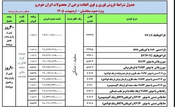 فروش فوری و فوقالعاده ایرانخودرو با تحویل ۳۰ و ۹۰ روزه/ جدول ثبتنام را ببینید فروش فوری و فوقالعاده ایرانخودرو با تحویل ۳۰ و ۹۰ روزه/ جدول ثبتنام را ببینید